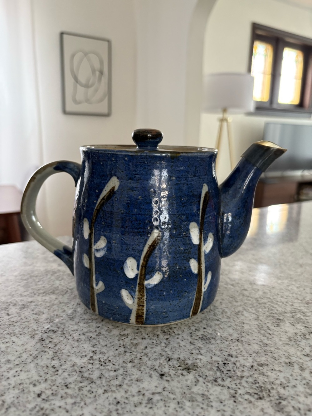 Vintage Japanese teapot stoneware pottery handmade cobalt blue * small chip